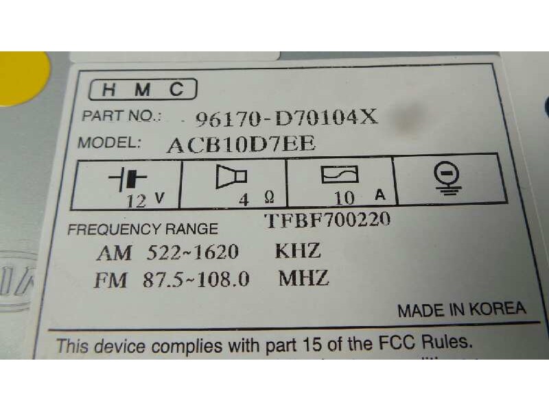 Recambio de sistema audio / radio cd para hyundai tucson referencia OEM IAM 96170D70104X  