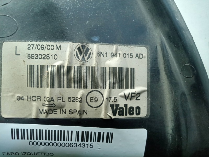 Recambio de faro izquierdo para volkswagen polo berlina (6n2) 1.0 referencia OEM IAM 6N1941015AD-89302810 00-02 TRANSPARENTE