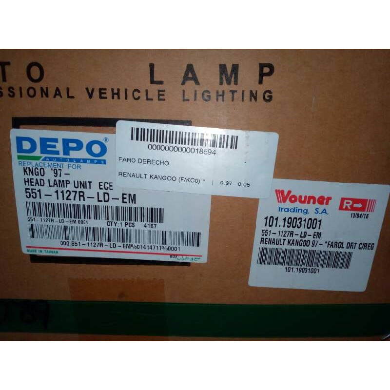 Recambio de faro derecho para renault kangoo (f/kc0) referencia OEM IAM 11806502 98-03 - SIN USAR
