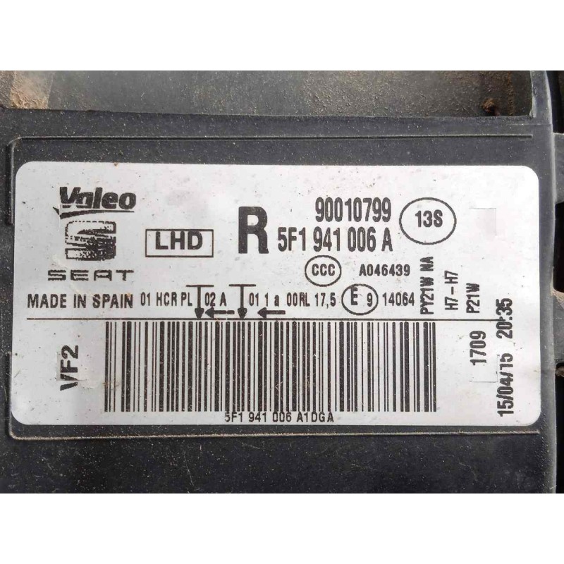 Recambio de faro derecho para seat leon (5f1) 1.6 tdi referencia OEM IAM 5F1941006A-90010799 HALOGENO 