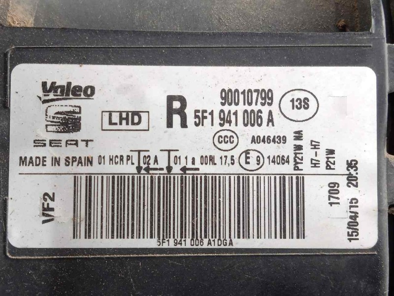 Recambio de faro derecho para seat leon (5f1) 1.6 tdi referencia OEM IAM 5F1941006A-90010799 HALOGENO 
