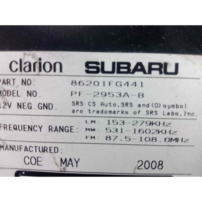 Recambio de sistema audio / radio cd para subaru impreza g12 2.0 cat referencia OEM IAM 86201FG441 CLARION 