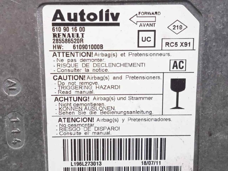 Recambio de centralita airbag para renault laguna iii 2.0 dci diesel fap referencia OEM IAM 610901600-285586520R  