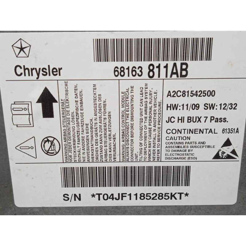 Recambio de centralita airbag para fiat freemont (345) 2.0 16v multijet cat referencia OEM IAM 68163811AB-A2C81542500  