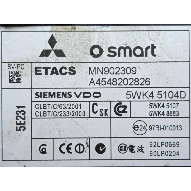 Recambio de modulo electronico para smart forfour 1.3 cat referencia OEM IAM MN902309-A4548202826-5WK45104D  