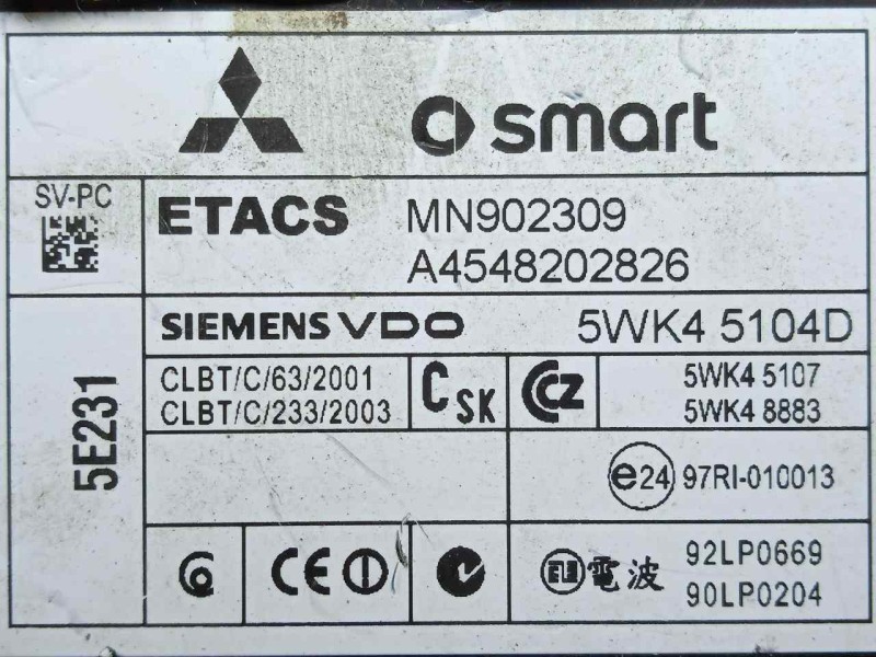 Recambio de modulo electronico para smart forfour 1.3 cat referencia OEM IAM MN902309-A4548202826-5WK45104D  