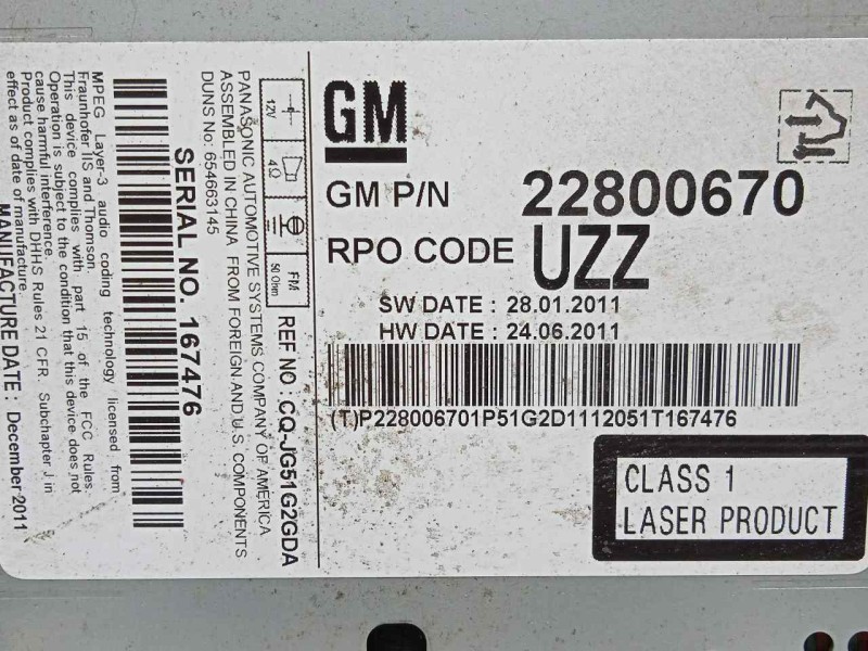 Recambio de sistema audio / radio cd para chevrolet cruze 1.6 cat referencia OEM IAM 22800670  