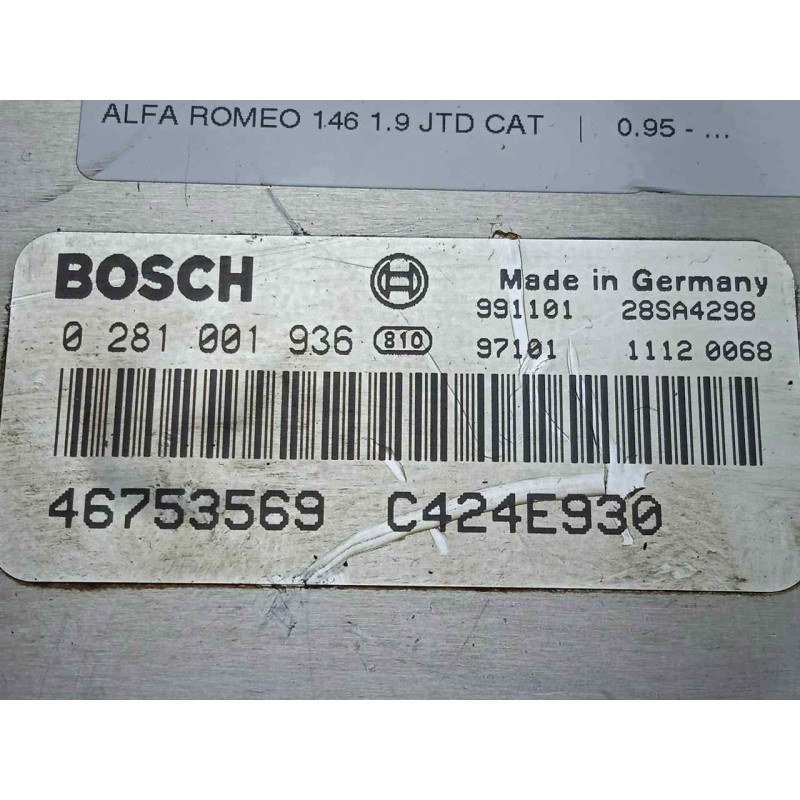 Recambio de centralita motor uce para alfa romeo 146 1.9 jtd cat referencia OEM IAM 0281001936-46753569-C424E930-EDC15C-EDC15C57