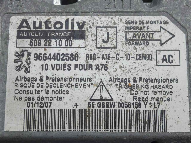 Recambio de centralita airbag para peugeot 207 cc 1.6 16v referencia OEM IAM 9664402580-609221000  