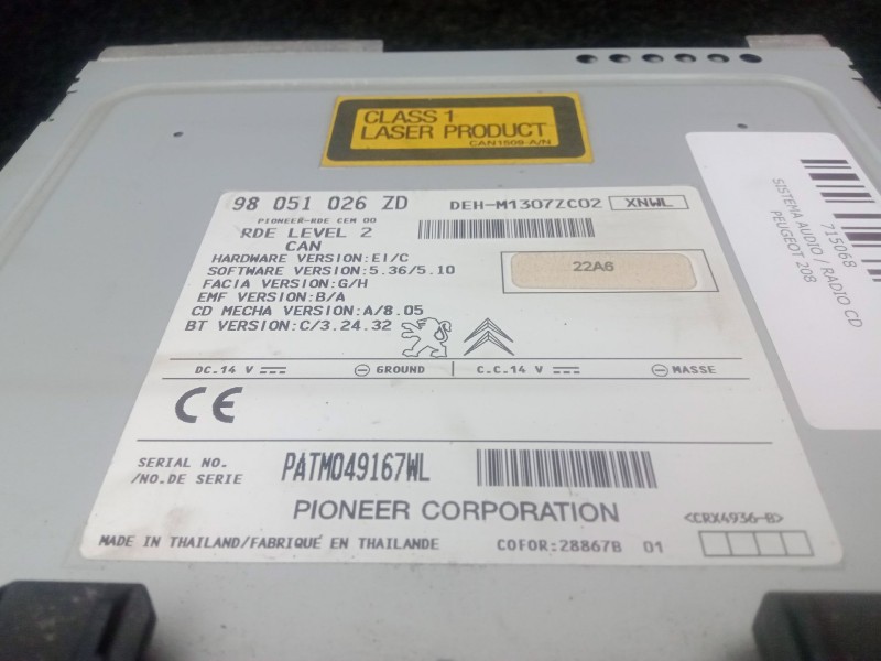 Recambio de sistema audio / radio cd para peugeot 208 1.6 blue-hdi fap referencia OEM IAM 98051026ZD  