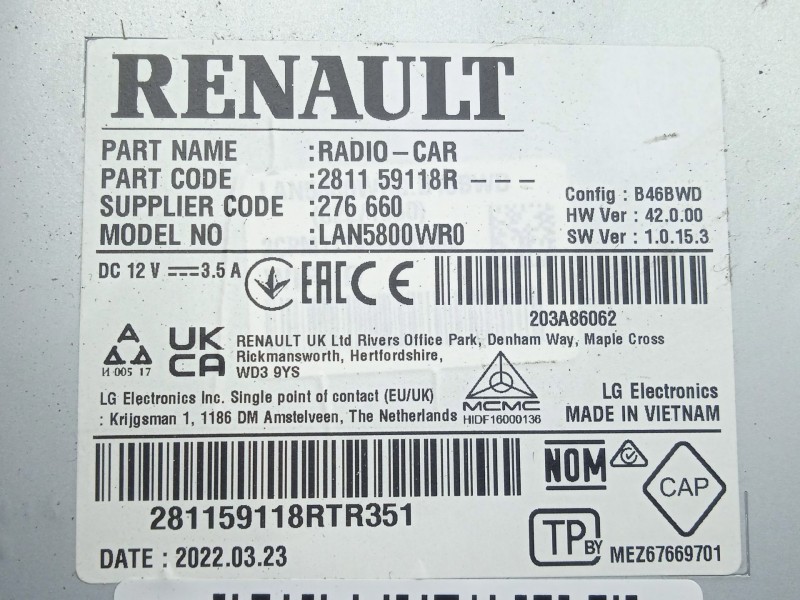 Recambio de pantalla multifuncion para dacia spring ev (b6m1) referencia OEM IAM 281159118R-276660-LAN5800WR0 LG.ELECTRONICS 