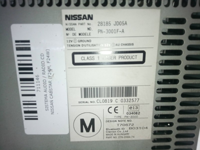 Recambio de sistema audio / radio cd para nissan cabstar (f24m, f24w) 35.15 dci, 45.15 dci 3.0 (f24m) referencia OEM IAM 28185JD