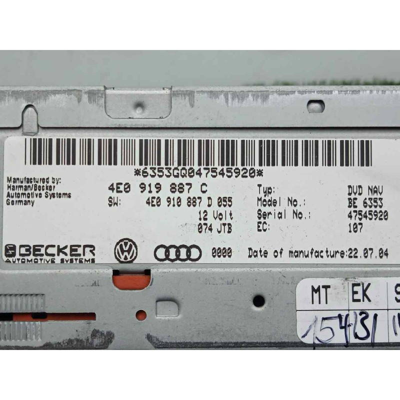 Recambio de sistema audio / radio cd para audi a6 berlina (4f2) 3.0 v6 24v tdi referencia OEM IAM 4E0919887C-4E0910887D055  
