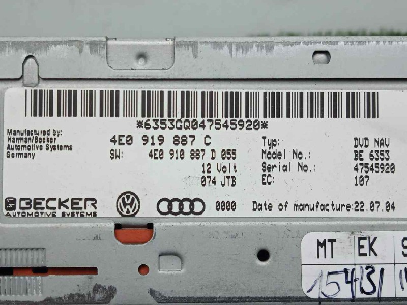 Recambio de sistema audio / radio cd para audi a6 berlina (4f2) 3.0 v6 24v tdi referencia OEM IAM 4E0919887C-4E0910887D055  