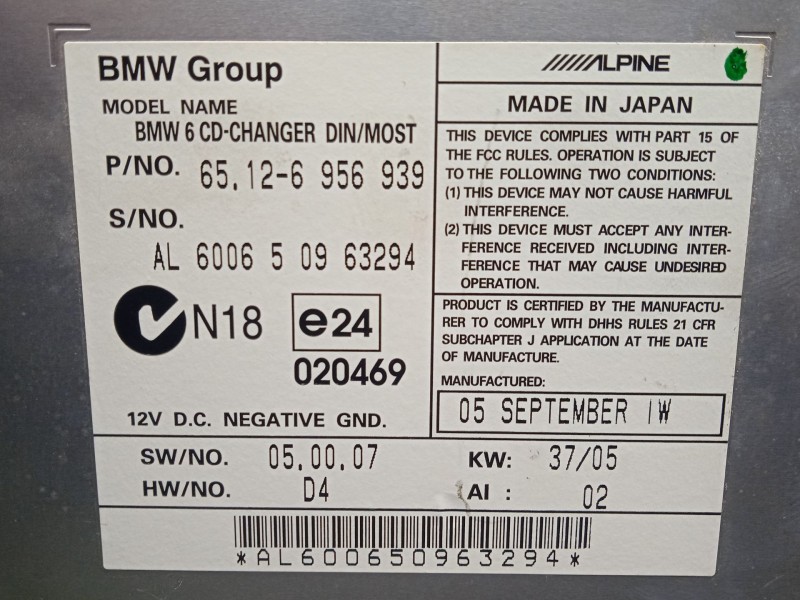 Recambio de sistema audio / radio cd para bmw 5 touring (e61) 525 d referencia OEM IAM 65126956939 CARGADOR CD CARGADOR.CDS