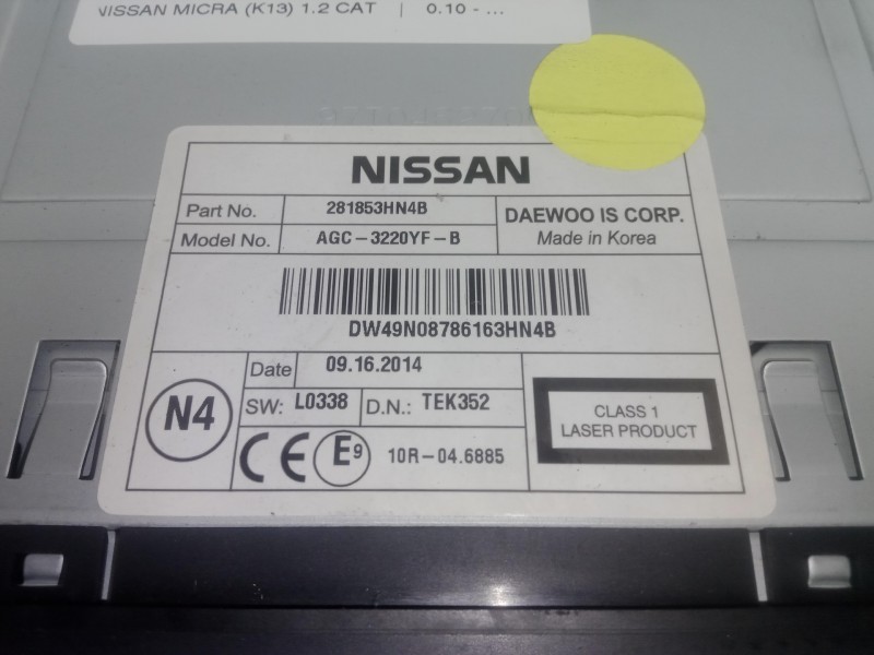 Recambio de sistema audio / radio cd para nissan micra (k13) 1.2 cat referencia OEM IAM 281853HN4B  