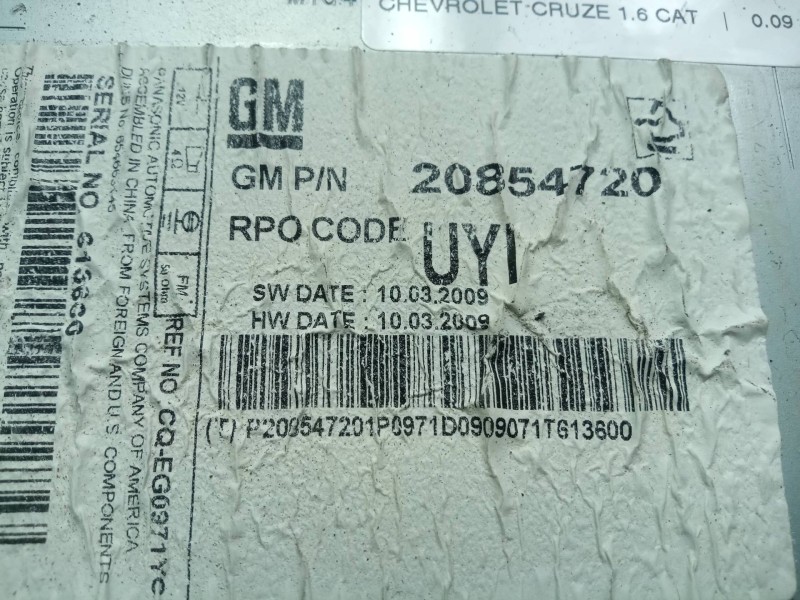 Recambio de sistema audio / radio cd para chevrolet cruze 1.6 cat referencia OEM IAM 20854720  
