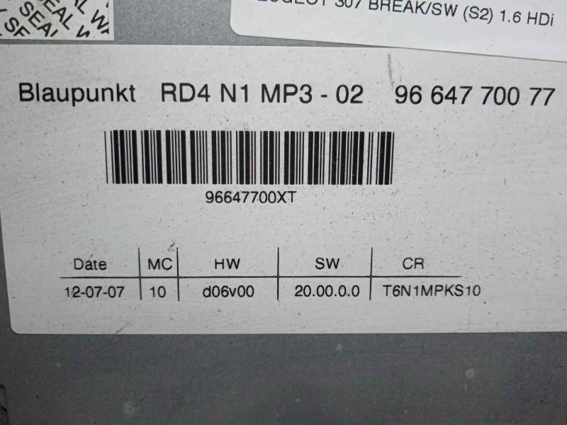 Recambio de sistema audio / radio cd para peugeot 307 break/sw (s2) 1.6 hdi referencia OEM IAM 9664770077  