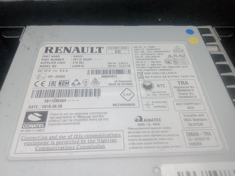 Recambio de sistema audio / radio cd para renault scénic iv (j9_) 1.3 tce 140 referencia OEM IAM 281153928R  