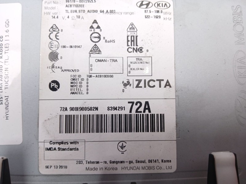 Recambio de sistema audio / radio cd para hyundai tucson (tl, tle) 1.6 gdi referencia OEM IAM 96170D3720ZL05 MOBIS 