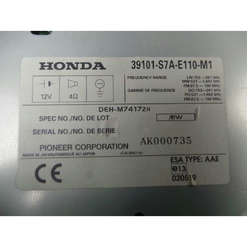 Recambio de sistema audio / radio cd para honda stream (rn1/3) 1.7 cat referencia OEM IAM 39101S7AE110M1  