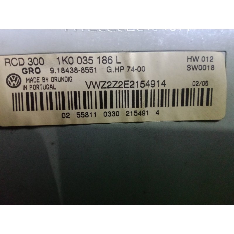 Recambio de sistema audio / radio cd para volkswagen touran (1t1) 1.9 tdi referencia OEM IAM 1K0035186L-9184388551  