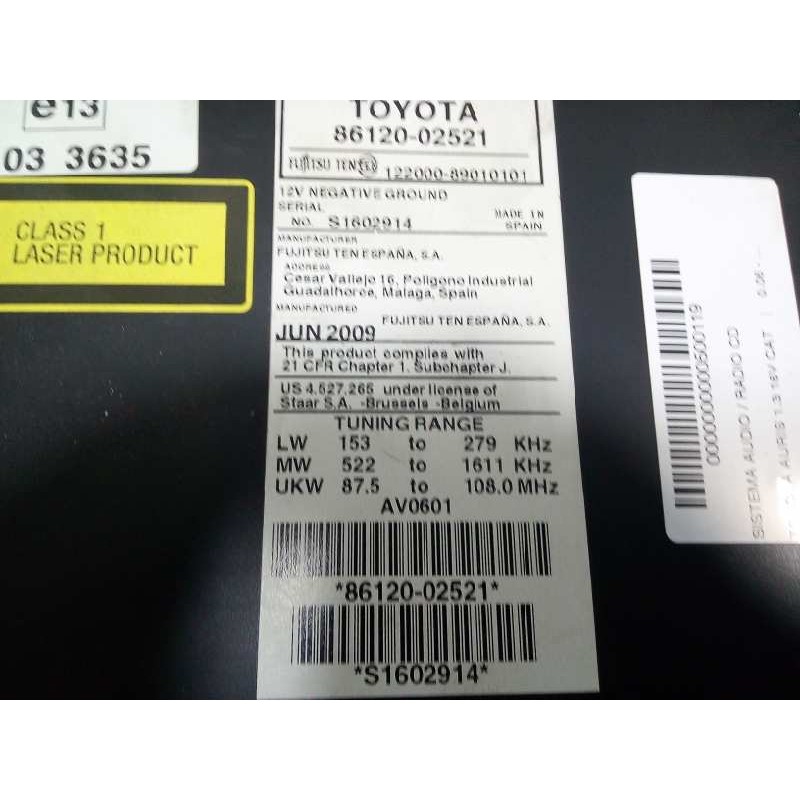 Recambio de sistema audio / radio cd para toyota auris 1.3 16v cat referencia OEM IAM 8612002521  