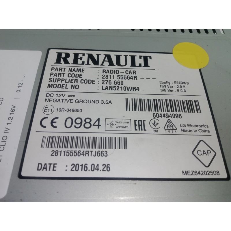 Recambio de sistema audio / radio cd para renault clio iv 1.2 16v referencia OEM IAM 281155564R  