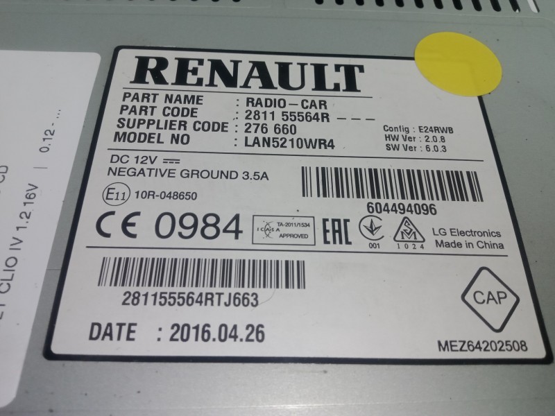 Recambio de sistema audio / radio cd para renault clio iv 1.2 16v referencia OEM IAM 281155564R  